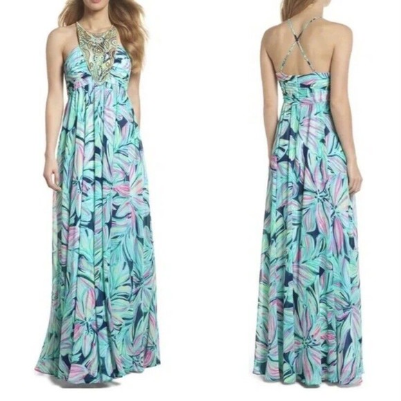 Lilly Pulitzer NEW Lannette High Tide Dancing Lady Gold Beads Maxi Dress 2 $368